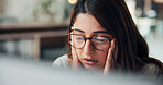 Burnout, headache or woman in office with computer, stress or fatigue for project mistake. Tired, marketing agent or brain fog in career with technology, work problem or anxiety in business industry