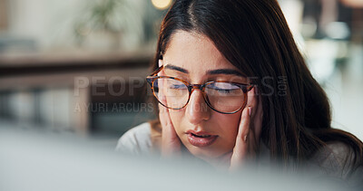 Buy stock photo Burnout, headache or woman in office with computer, stress or fatigue for project mistake. Tired, marketing agent or brain fog in career with technology, work problem or anxiety in business industry