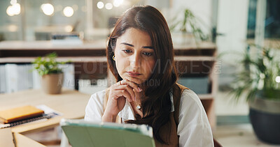 Buy stock photo Business, thinking and woman in workplace, tablet and choice with online reading, app or copywriting. Person, decision or journalist with tech, ideas and planning with editing or problem solving