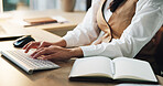 Hands, business woman or typing on keyboard in office, internet research or content creation for social media marketing. Creative networking, planning or person in company, digital writing or editing