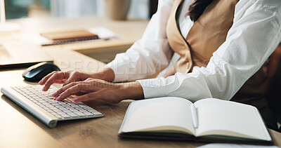 Buy stock photo Hands, woman or typing on keyboard in office, internet research or content creation for social media marketing. Creative networking, planning or business person in company, digital writing or editing