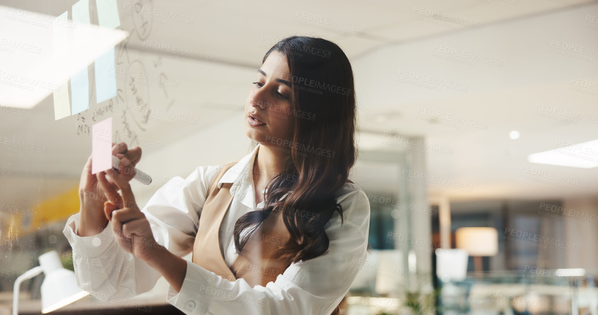 Buy stock photo Business woman, strategy and writing on sticky note for brainstorming, schedule or insurance. Agenda, planning and glass wall with mind map in office for policy coverage, idea and problem solving