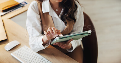 Buy stock photo Tablet, hands and reading with business woman in office for event planning, venue coordinator and research. Timeline progress, convention schedule and review with person in agency for guest list