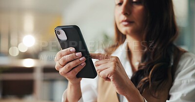 Buy stock photo Phone, scroll and reading with business woman in office for event planning, venue coordinator and research. Timeline progress, convention schedule and contact with person in agency for bokeh