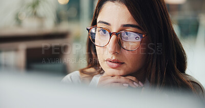 Buy stock photo Woman, computer and review for project at startup with charts, info and web traffic in office. Person, pc and perspective with graphs, glasses and feedback for social media stats at digital agency
