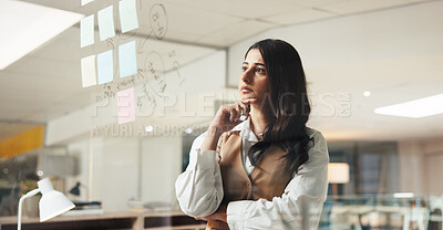 Buy stock photo Business, glass wall and woman in office, thinking and planning with creative agency. Person, ad company and consultant with problem solving, sticky note and decision with choice and brainstorming