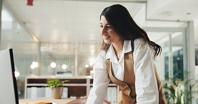 Buy stock photo Happy, reading and woman in office with computer, email feedback and positive online response. Smile, review and female person in workplace with desktop, business communication and performance report
