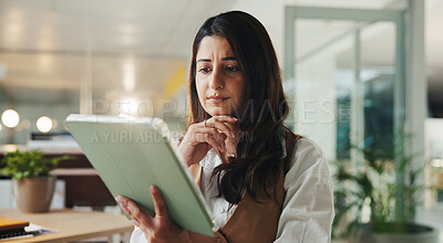 Buy stock photo Business, thinking and woman in office, tablet and decision with online reading, app or copywriting. Person, employee or journalist with tech, idea or choice with editing, solution or problem solving