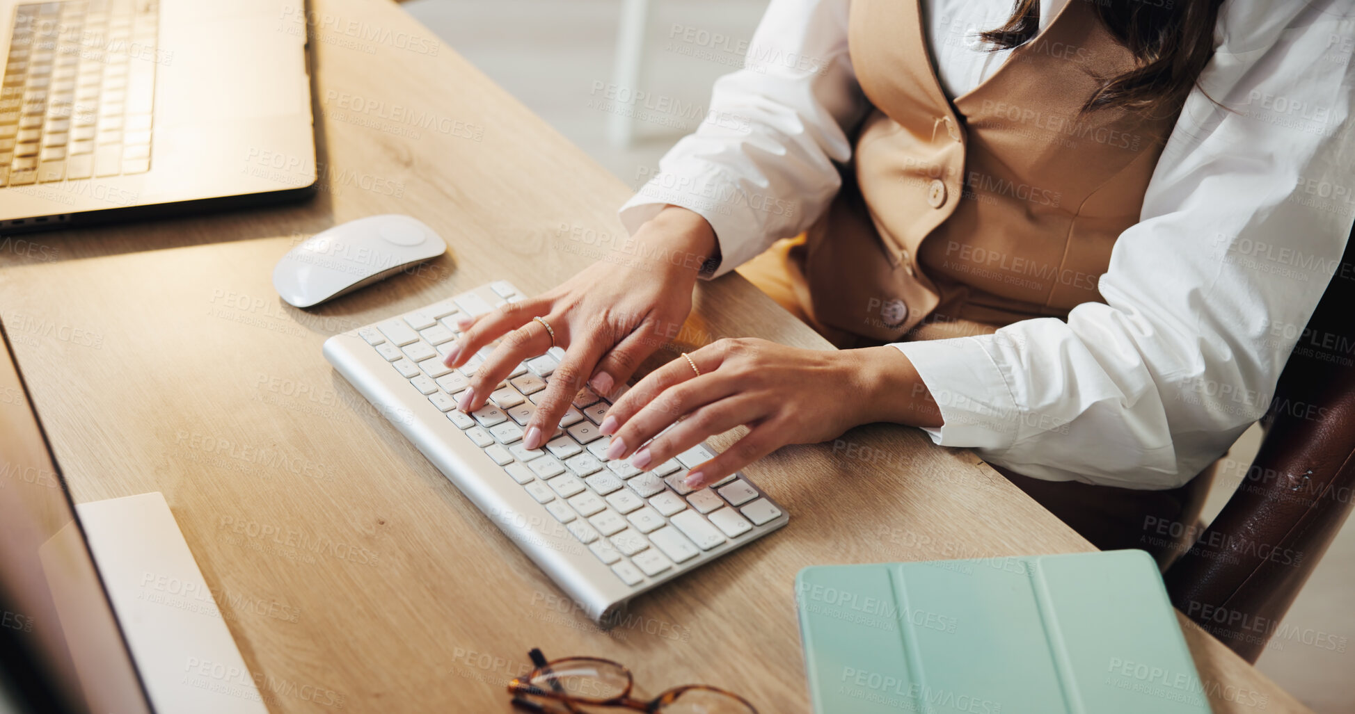 Buy stock photo Above, hands and woman in office, keyboard and typing with research for news report. Person, employee and journalist in workplace, pc or editing with deadline for publication, email or review article