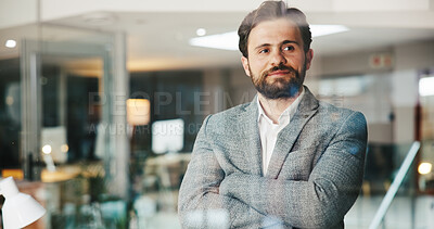 Buy stock photo Thinking, employee and man with arms crossed in office, vision or inspiration for career development. Corporate, person and ambitious for job opportunity, glass and confident for business growth