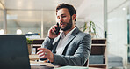 Phone call, laptop and research with business man in office for planning, financial advisor and communication. Contact, portfolio report and online investment with person in agency for bokeh