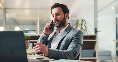 Buy stock photo Phone call, laptop and research with business man in office for planning, financial advisor and communication. Contact, portfolio report and online investment with person in agency for bokeh