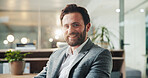 Happy, professional and portrait of businessman in office with confidence for finance career. Smile, pride and male financial manager from London with positive attitude at company in workplace.