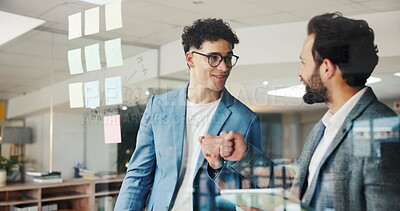 Buy stock photo Business men, meeting and fist bump with tablet in office for notebook, document feedback and schedule advice. Employees, digital tech and smile for proposal planning, agenda or briefing conversation