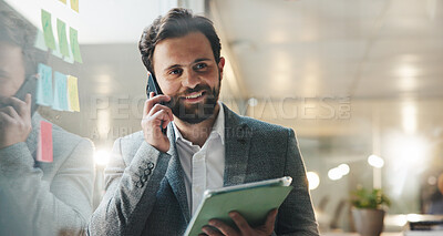 Buy stock photo Phone call, tablet and businessman in office with communication, finance deal or connection. Glass wall, cellphone and male financial manager on mobile discussion for investment planning in workplace