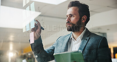 Buy stock photo Businessman, writing and sticky notes with tablet on glass board for schedule, agenda or project tasks. Man, employee or planner with technology, ideas or planning for mindmap or brainstorming work