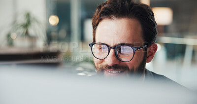 Buy stock photo Research, planning or man in office with computer, business trends or trading. Happy, reading or person in finance with tech, plan or budget on website with choice, online or investment in industry.