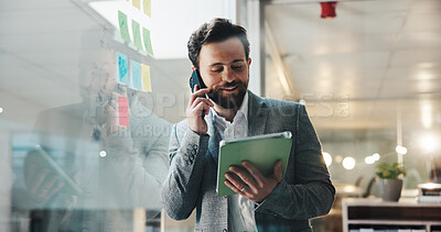 Buy stock photo Phone call, glass wall and businessman in office with tablet for communication with finance deal. Happy, cellphone and male financial manager on mobile discussion for investment planning in workplace