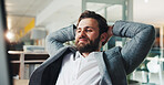 Relax, employee and man in office, stretching and happy for success, accountant or complete project. Achievement, resting and person with finished assignment, bookkeeper and done with work and break
