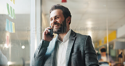 Buy stock photo Phone call, glass wall and businessman in office with communication, finance deal or connection. Happy, cellphone and male financial manager on mobile discussion for investment planning in workplace.