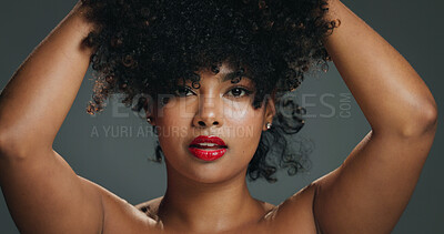 Buy stock photo Hair, lipstick and portrait with woman in studio for beauty, growth or natural volume of afro. Aesthetic, makeup and shampoo with African model isolated on gray background for haircare results