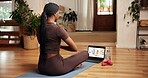 Workout, yoga or black woman with laptop in home, streaming video or practice breath for wellness. Back, exercise tutorial or person with instructor, online class or zen mediation in living room