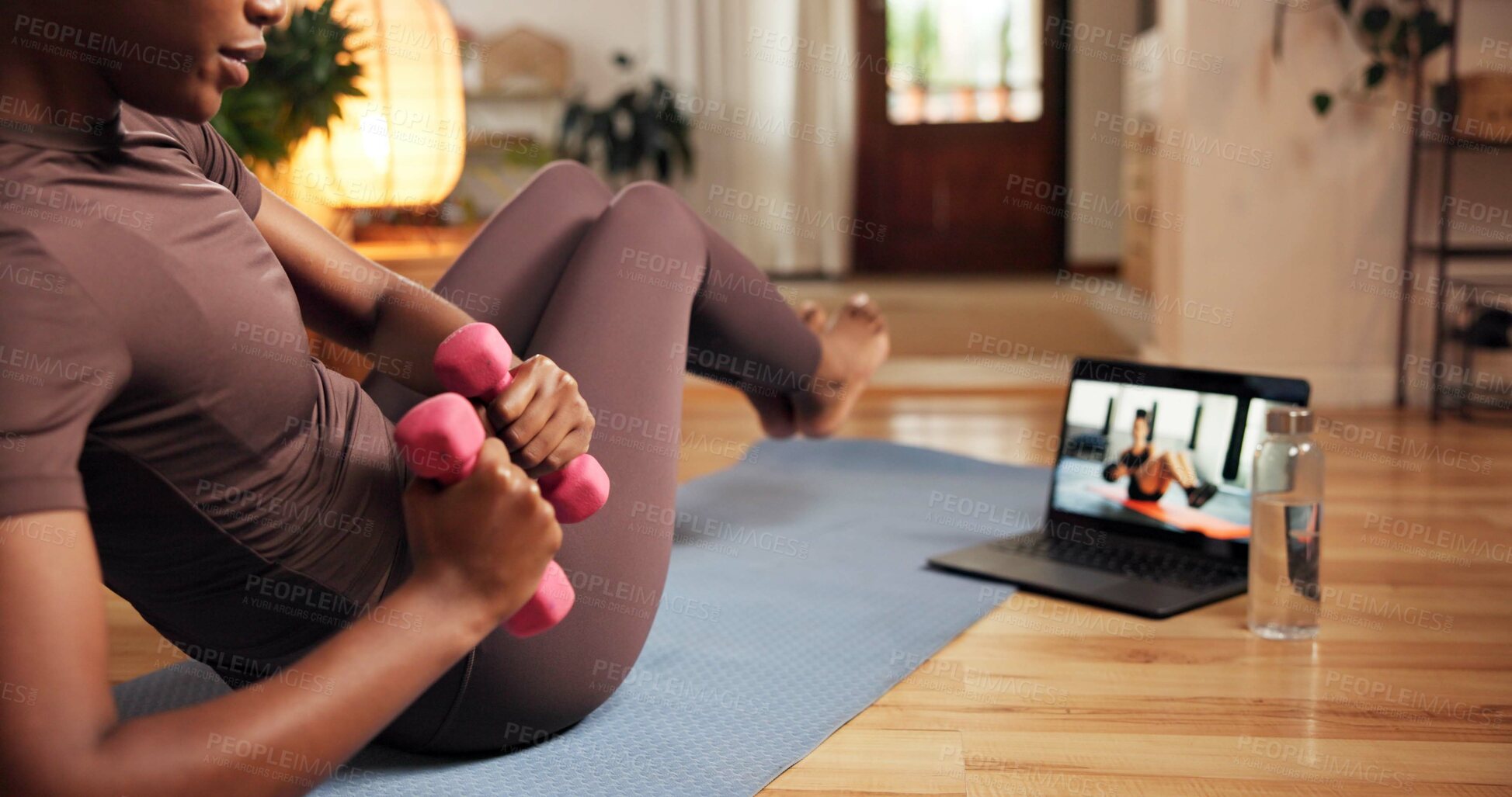 Buy stock photo Exercise, dumbbell or black woman with laptop in home, watch video or strength training for fitness tutorial. Workout, computer or person with online personal trainer for guidance, challenge or goals