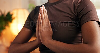 Buy stock photo Hands, meditation and relax with woman in home for awareness, balance or mindfulness closeup. Inner peace, prayer position and yoga with person in apartment for mental health exercise or zen