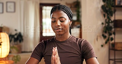 Buy stock photo Black woman, yoga and prayer hands in living room for mindfulness, meditation and relax. Mental clarity, gratitude and calm person in home for spiritual practice, zen or morning routine for wellness