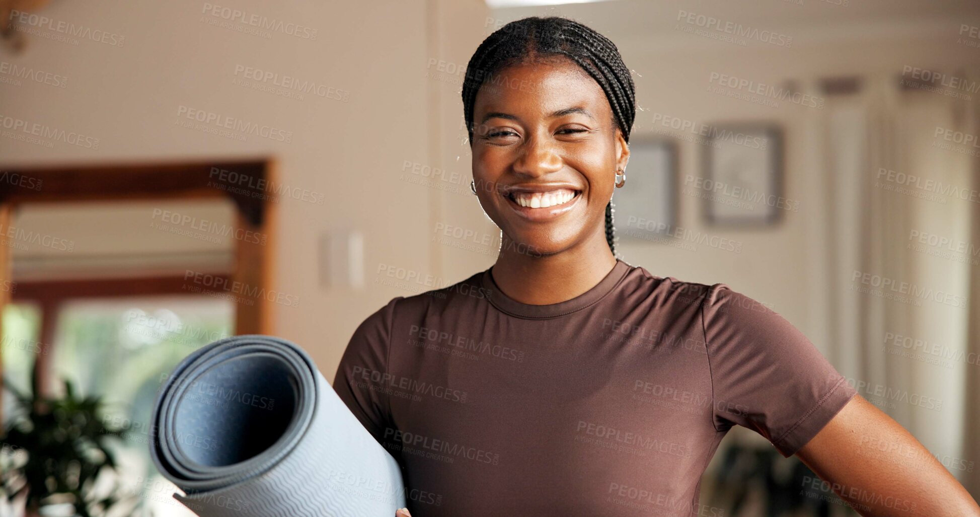 Buy stock photo Portrait, pilates and woman with mat, home or smile for wellness, healthy or confident in apartment. Happy, break and black person with fitness goals, training and exercise in house, pride and Kenya