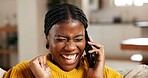 Excited, good news and phone call with black woman on sofa in living room of home for surprise. Celebration, emotions and wow with reaction of happy African person in apartment for communication
