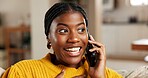 Home, phone call and happy black woman chat for story, communication or talk with contact. Smile, mobile and person with conversation for connection, networking or feedback for gossip update in house