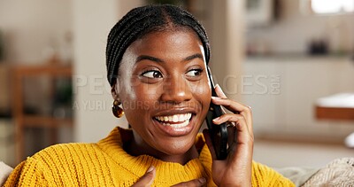 Buy stock photo Home, phone call and happy black woman chat for story, communication or talk with contact. Smile, mobile and person with conversation for connection, networking or feedback for gossip update in house