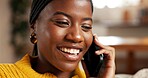 Home, phone call and happy black woman talk, communication or listen to story with contact. Smile, mobile and person chat for connection, networking or conversation with feedback for gossip update