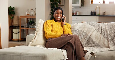 Buy stock photo Sofa, phone call and happy black woman chat for funny story, communication or talk with contact. Laugh, mobile and person in home for conversation, connection or joke on weekend in living room