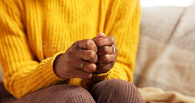 Buy stock photo Anxiety, hands and person on sofa in closeup, worry and counselling in home visit. Mental health, consultation and client in living room with couch, frustration and advice in therapy session.