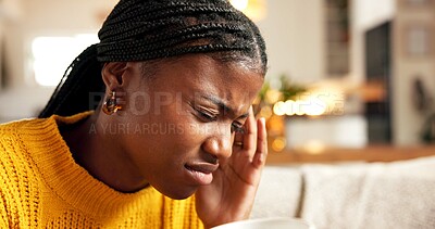 Buy stock photo Black woman, headache and pain with stress on sofa for mental health, pressure or vertigo in home. Tired, female person or migraine with ache, dizziness or fatigue for mistake, fail or fever in house