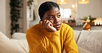 Black woman, thinking and reflection on sofa in home for lazy weekend or indoor boredom. Stress, female person or daydreaming with deep thought on couch for contemplation or self doubt in house