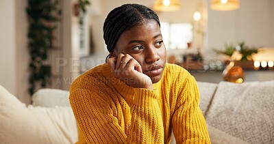 Buy stock photo Black woman, thinking and reflection on sofa in home for lazy weekend or indoor boredom. Stress, female person or daydreaming with deep thought on couch for contemplation or self doubt in house