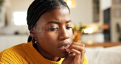 Buy stock photo Mental health, biting nails and black woman in home with nerves, overthinking or coping mechanism for study anxiety. Worry, mindset and student in house with bad habit, reflection or trauma in stress
