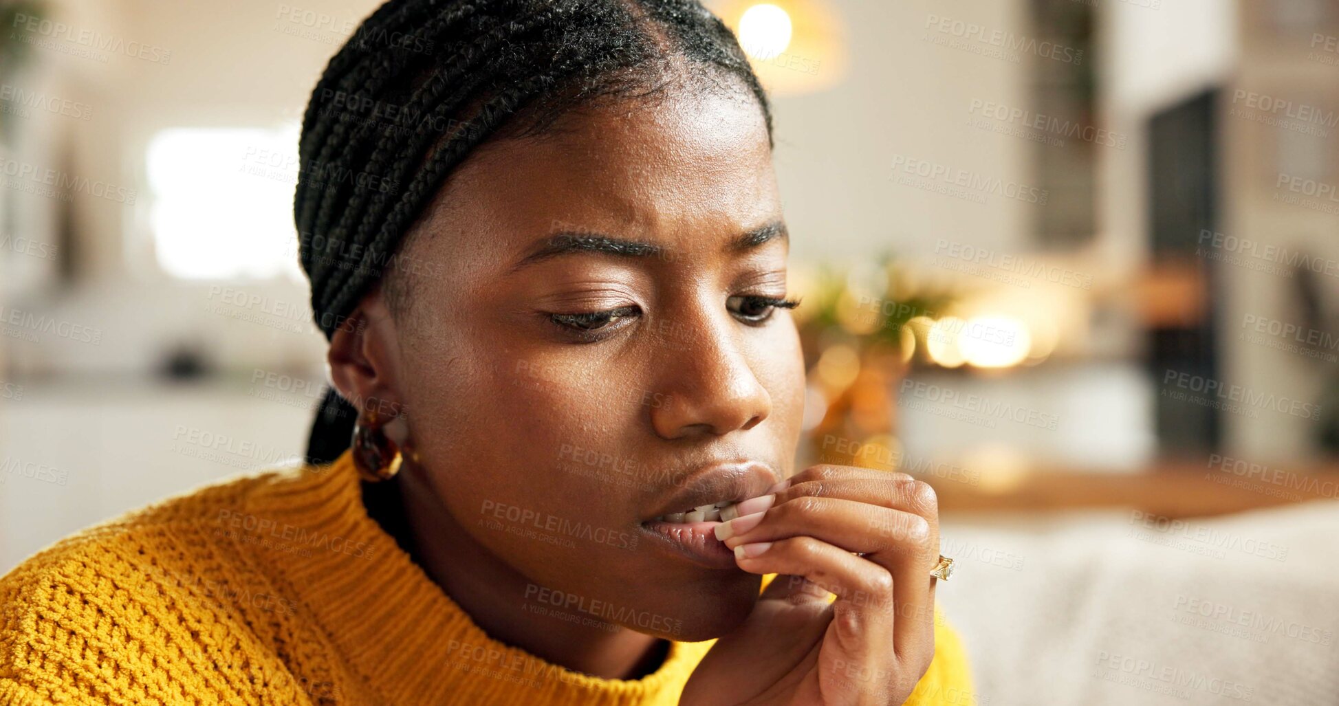 Buy stock photo Mental health, biting nails and black woman in home with nerves, overthinking or coping mechanism for study anxiety. Worry, mindset and student in house with bad habit, reflection or trauma in stress