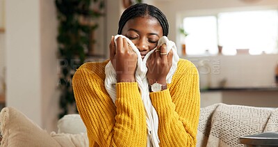 Buy stock photo Laundry, aroma and woman in home with clothing, housekeeping or fresh scent in spring clean. Happy, comfort and person in living room with material, domestic chores and smell of fabric softener.