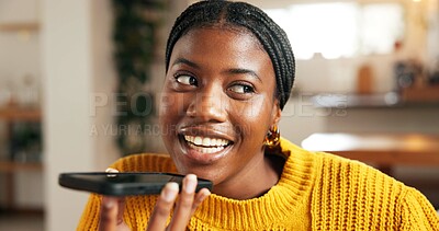 Buy stock photo Home, speaker phone call and black woman talk, communication or record audio message for contact. Voice note, mobile and happy person with connection, networking or voicemail conversation for gossip