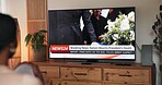 Television screen, watching and woman in home with breaking news on funeral broadcast. Update, media report and female person in living room with tv for streaming of political mourning event.