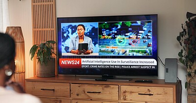 Buy stock photo Tv screen, watching and woman in home with breaking news on AI surveillance update. Broadcast, media report and female person in living room with television for streaming of future tech review.