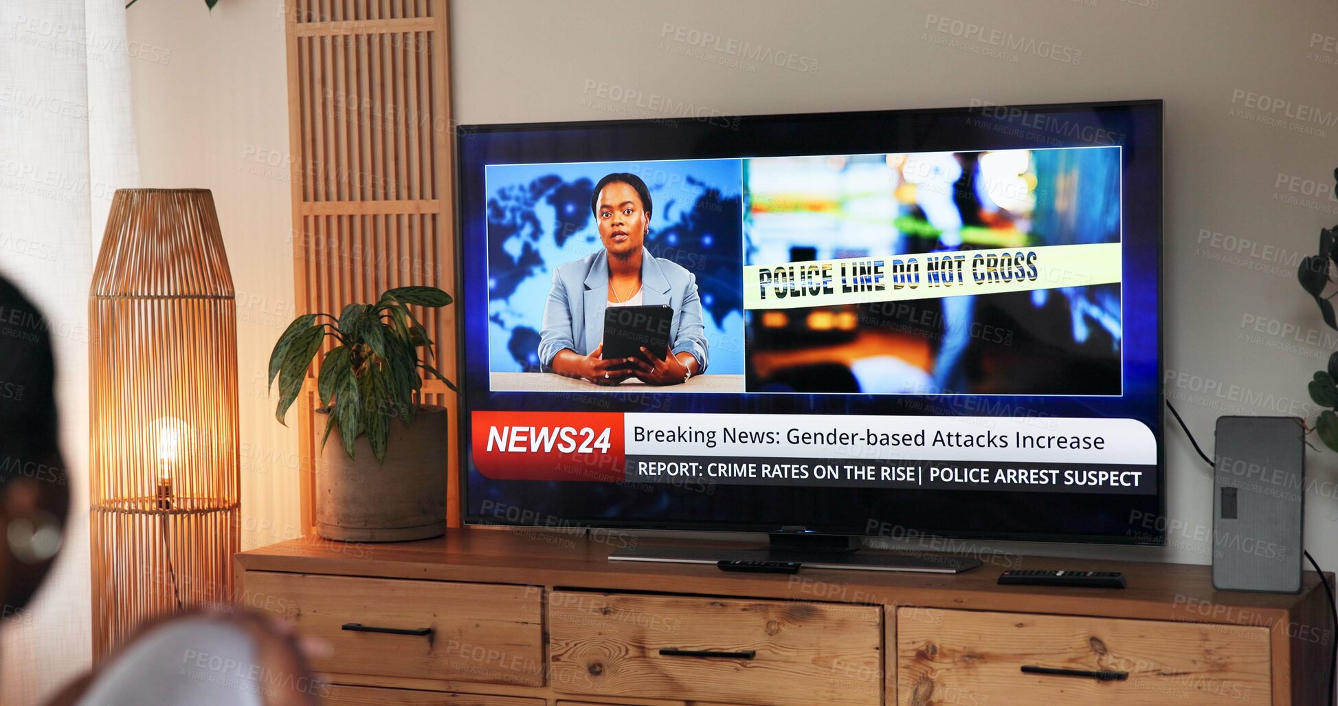 Buy stock photo Tv screen, watching and woman in home with breaking news on gender based violence update. Broadcast, media report and female person in living room with television for live streaming in house.