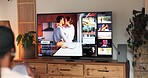 TV screen, relax and back of woman watching show, film or movie in living room on weekend. Decision, entertainment and female person with choice for online series on streaming subscription in home.