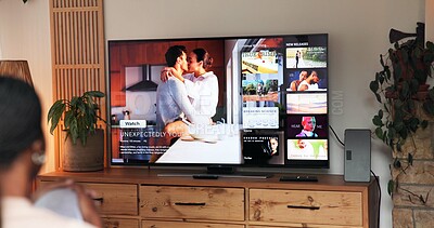 Buy stock photo TV screen, relax and back of woman watching show, film or movie in living room on weekend. Decision, entertainment and female person with choice for online series on streaming subscription in home.