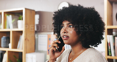 Buy stock photo Remote work, woman or talking with phone call in home for story info, online interview or networking. Freelance journalist, african person and speaking to source for article investigation and update