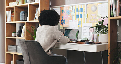 Buy stock photo Home office, laptop screen and designer woman typing for creative job, innovation or editing. Freelance work, technology and back of person with connection for schedule, brainstorming or search